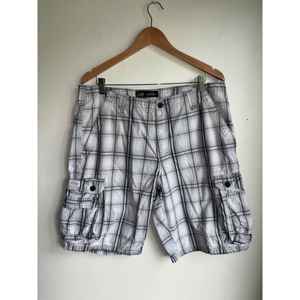 Lee Mens Plaid Cargo Shorts Size 36 White Grey Navy Blue Cotton 2183375 Relaxed